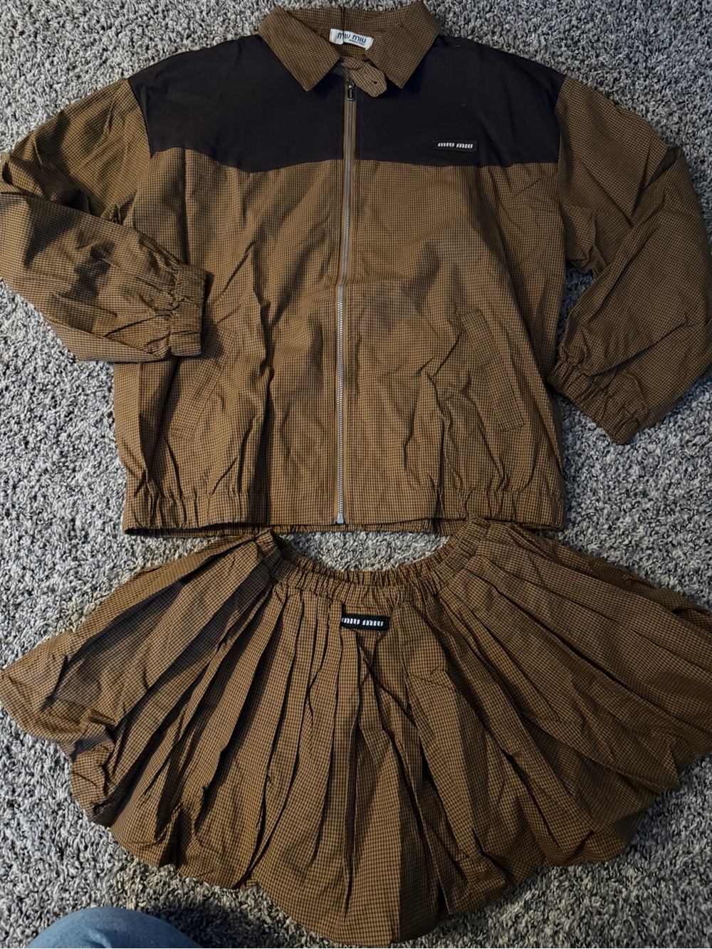 Miu Miu Brown and Black Checked Two-Piece Skirt Set
